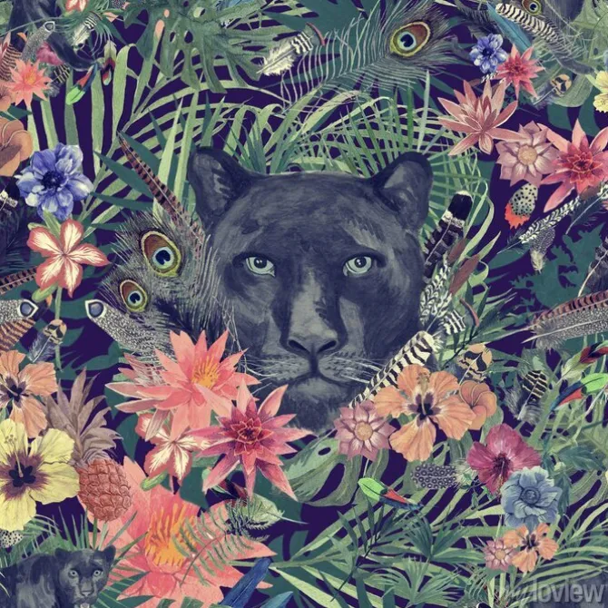 Tapeta: Bezszwowe ręcznie rysowane akwarela patten z głową pantery, liści,