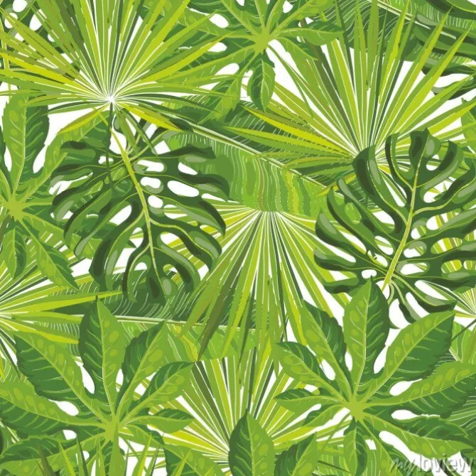 Tapeta: Bezszwowe tropikalny wzór liści z zielonymi gałązkami palmowymi