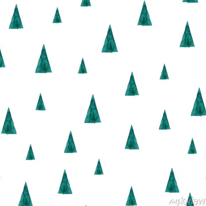 Tapeta: Bezszwowe wzór lasu akwarela. zieleni drzewa na białym tle. streszczenie