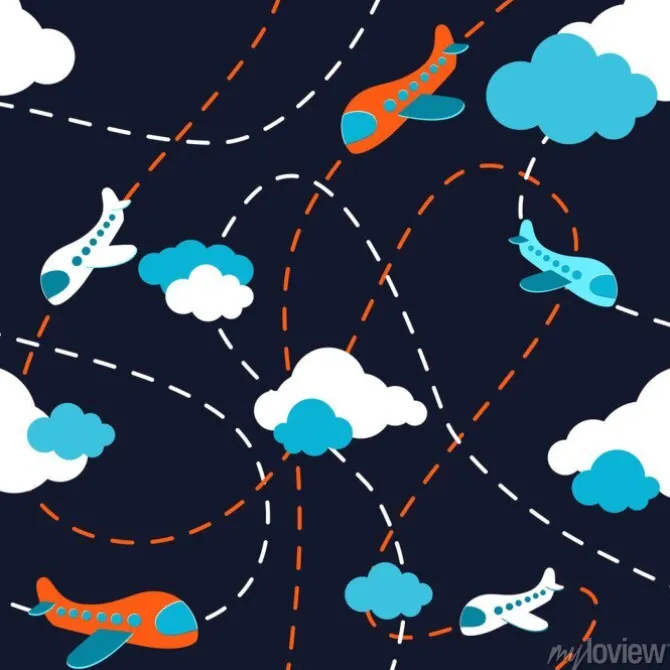 Tapeta: Bezszwowe wzór samolotu. samolot w chmurach. styl kreskówek.