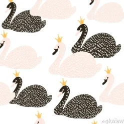 Tapeta: Bezszwowy dziecinny wzór z czarno-białą księżniczką swan. kreatywne