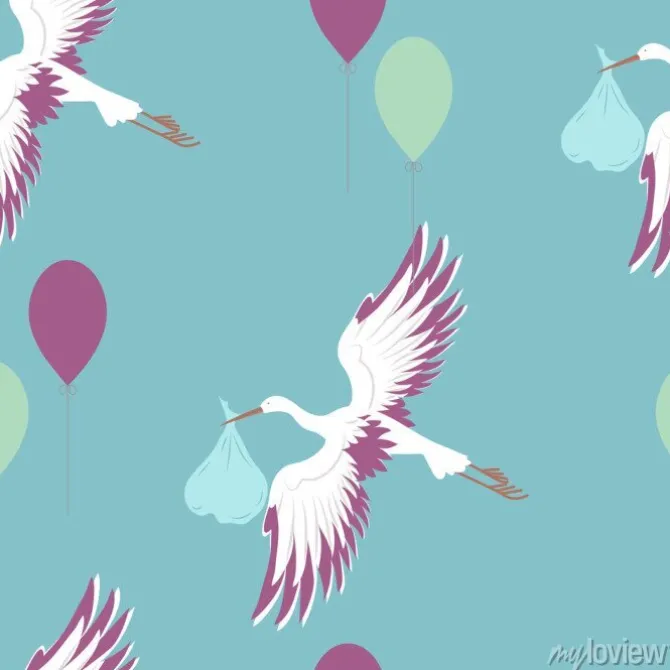 Tapeta: Bezszwowy wzór z bocianem i balonami