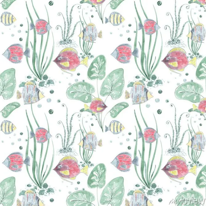 Tapeta: Bezszwowy wzór z kolorową egzot ryba na lekkim tle.