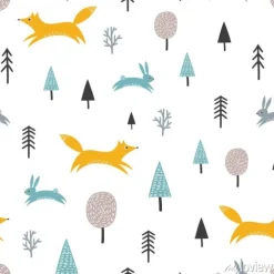 Tapeta: Bezszwowy wzór z ślicznym lisem, zając i drzewami. tło lasu,
