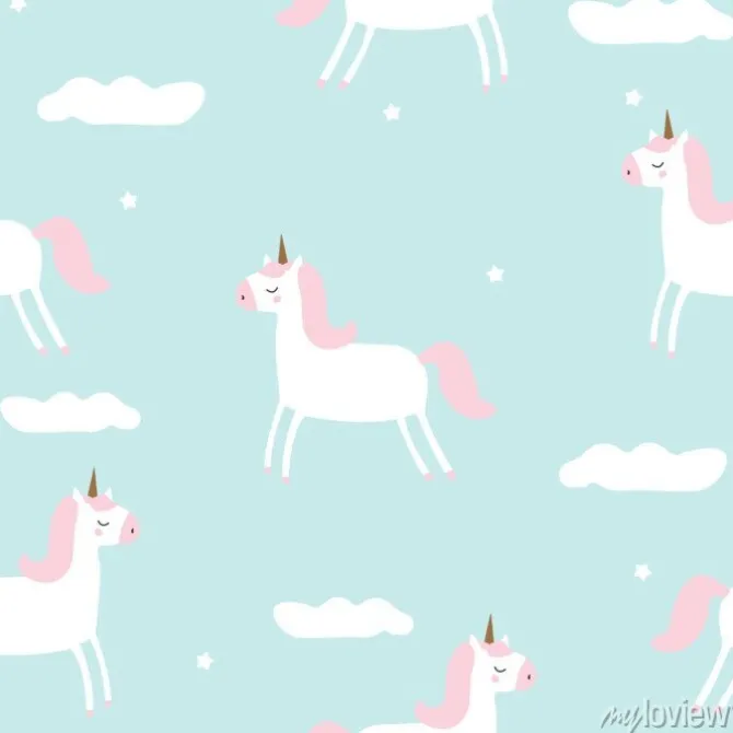 Tapeta: Bezszwowy wzór z magiczną jednorożec w niebie. wektorowa ręka
