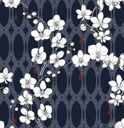 Tapeta: Biała orchidea rozgałęzia się na błękitnym tle. bezszwowe wektor