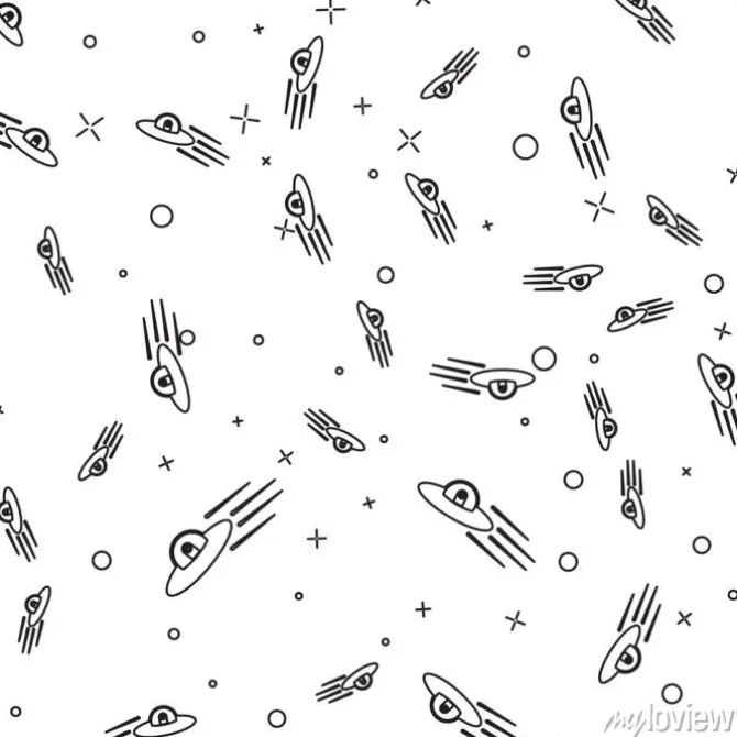 Tapeta: Black ufo flying spaceship and alien icon isolated seamless pattern