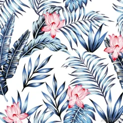 Tapeta: Blue tropical leaves pink flowers white background