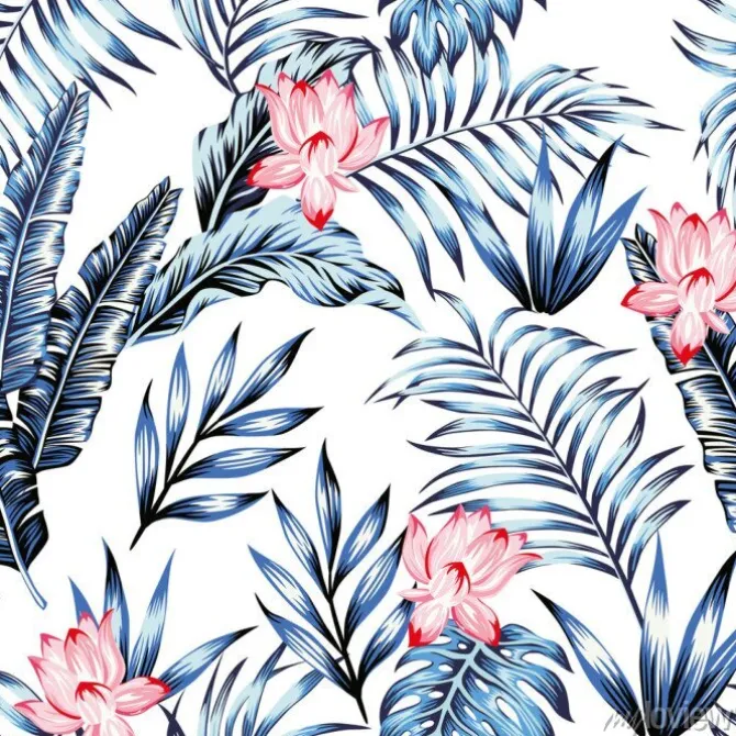 Tapeta: Blue tropical leaves pink flowers white background