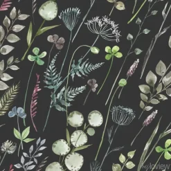Tapeta: Botanical seamless pattern with field herbs and leaves on a dark