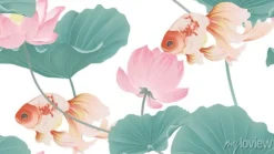 Tapeta: Botanical seamless pattern, pink lotus flowers and goldfish on