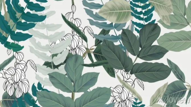 Tapeta: Botaniczny wzór w zielone liście na jasnym tle