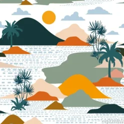 Tapeta: Bright and colorful silhouette of island , palm tree,beach,mountain