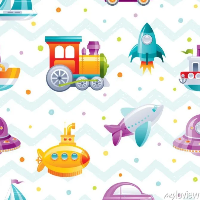 Tapeta: Cartoon toy transport seamless pattern. cute 3d boy boat, car,