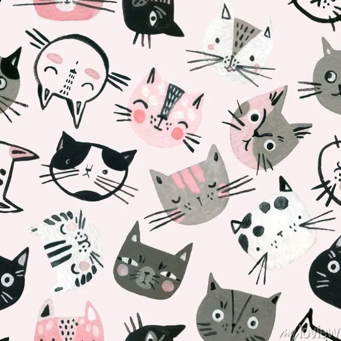 Tapeta: Cartoon watercolor cats seamless pattern in pastel colors. cute