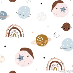 Tapeta: Childish seamless pattern with hand drawn space elements, rainbow,
