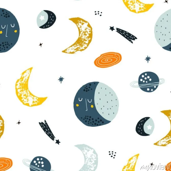 Tapeta: Childish seamless pattern with hand drawn space elements space,