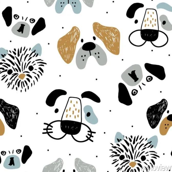 Tapeta: Childish seamless pattern with funny creative dog faces. trendy