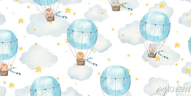 Tapeta: Childrens seamless pattern with animals in balloons, cute childrens