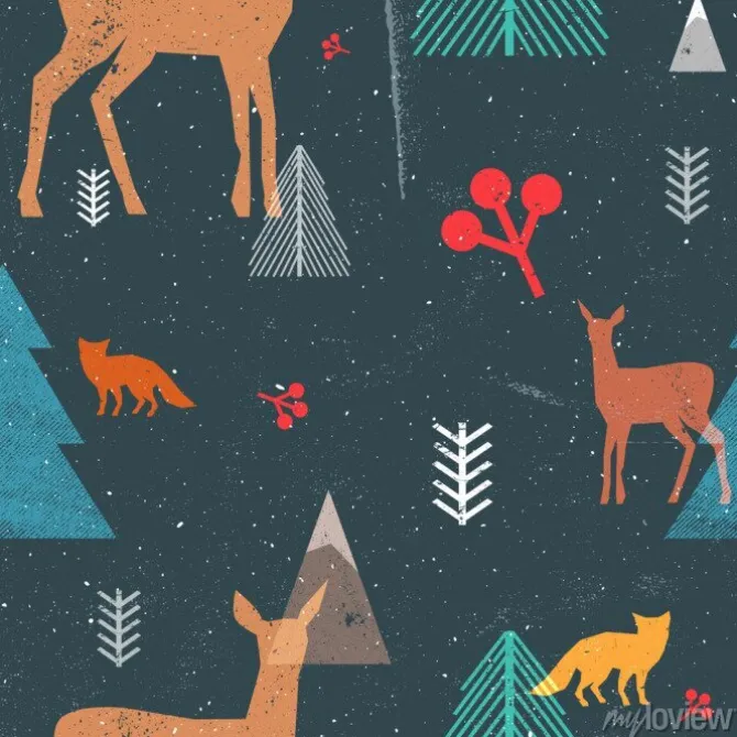 Tapeta: Christmas bez szwu deseń z lasów zwierząt i drzew w stylu graficznym.
