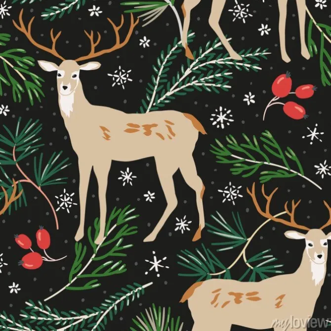 Tapeta: Christmas seamless pattern, black background. forest deer animals,