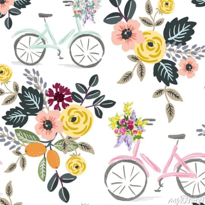 Tapeta: Cute bikes and floral bouquets, white background. vector seamless