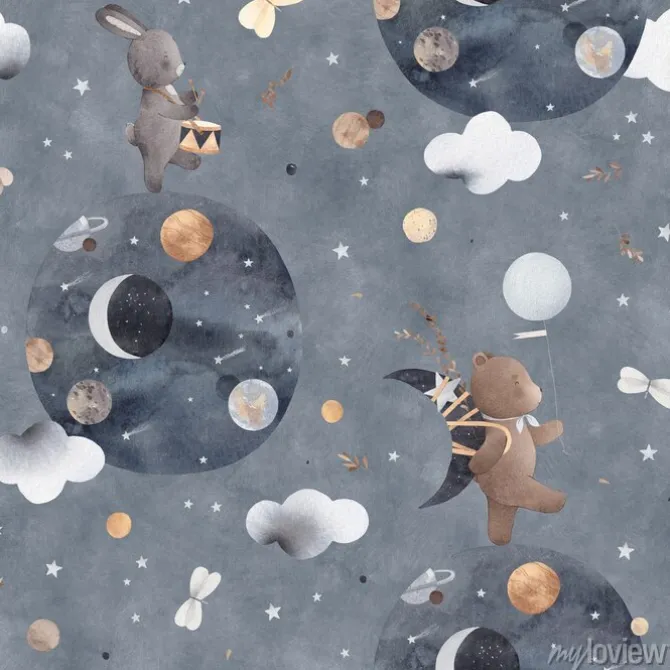 Tapeta: Cute bunny and bear are dreaming about space. space adventure.