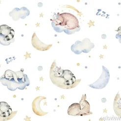 Tapeta: Cute dreaming cartoon animal hand drawn watercolor seamless pattern.