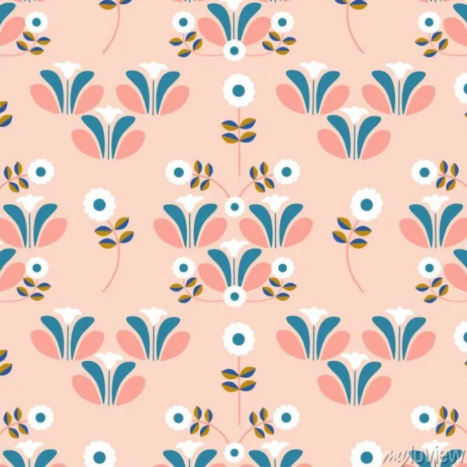 Tapeta: Cute pink flowers in a retro pattern design