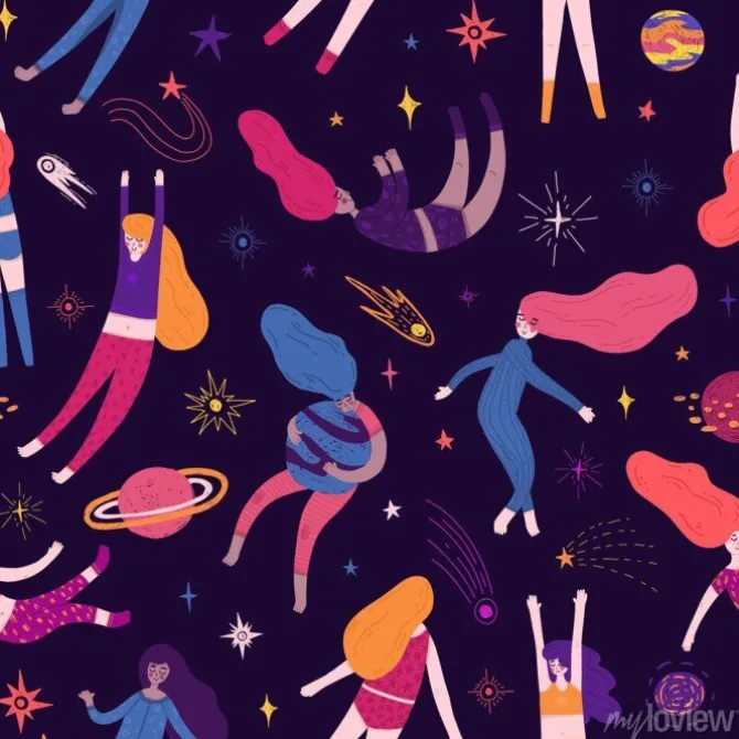Tapeta: Cute seamless pattern with space elements and pretty women. cartoon