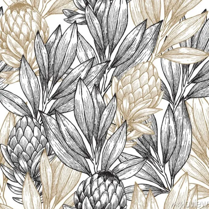 Tapeta: Czarne i beżowe kwiaty i liście