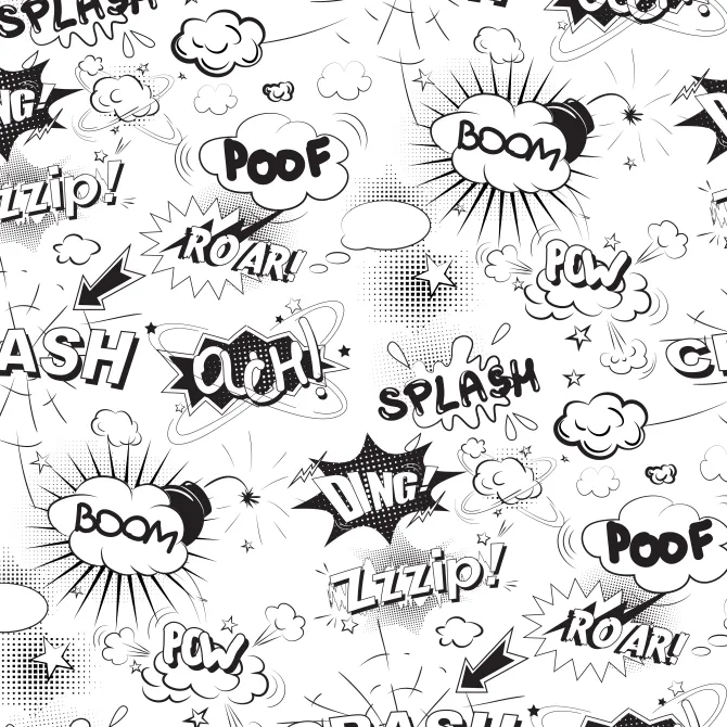 Tapeta: Czarne komiksowe napisy na białym tle