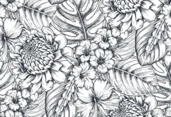 Tapeta: Czarno biały wzór w egzotyczne rośliny