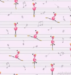 Tapeta: Dance of pink flamingos. music and music notes. little flamingo