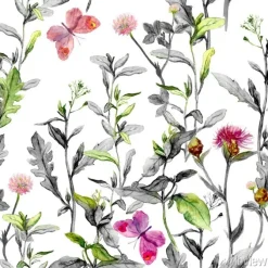 Tapeta: Delikatne rośliny łąkowe z motylami w stylu akwareli