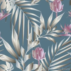 Tapeta: Deseń w liście i kwiaty lotosu