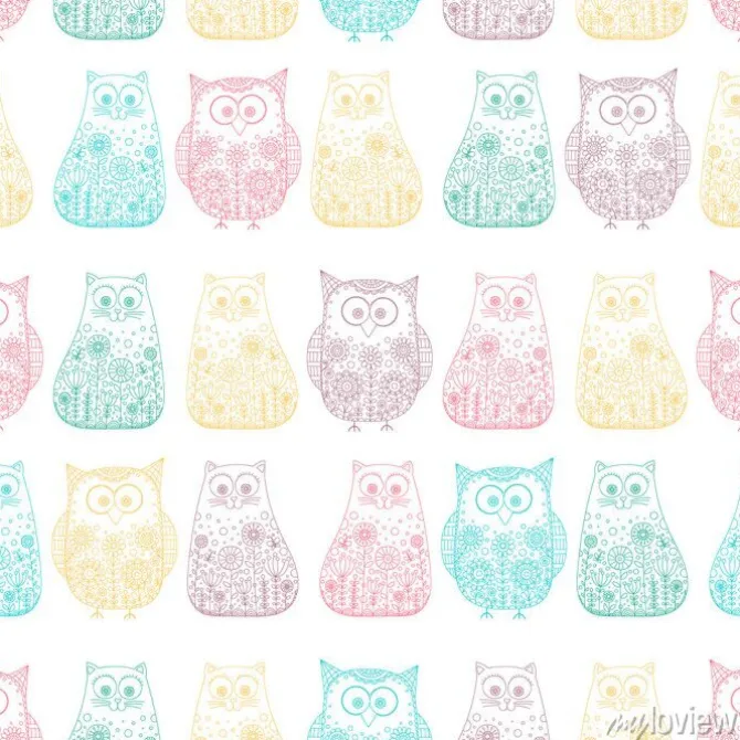 Tapeta: Doodle koty i sowy. wektor bez szwu z ręcznie rysowane ptak i