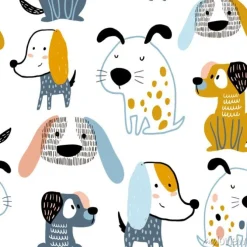 Tapeta: Dziecięcy bezszwowy wzór z śmiesznymi kreatywnie psami. modny