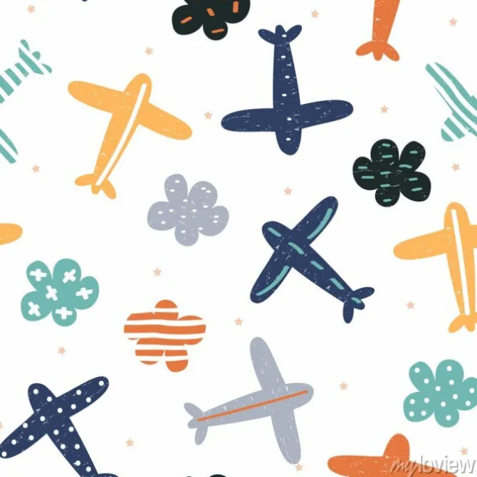 Tapeta: Dziecinna wzór z samolotów i chmur. drukuj słodkie dzieci. wektorowa