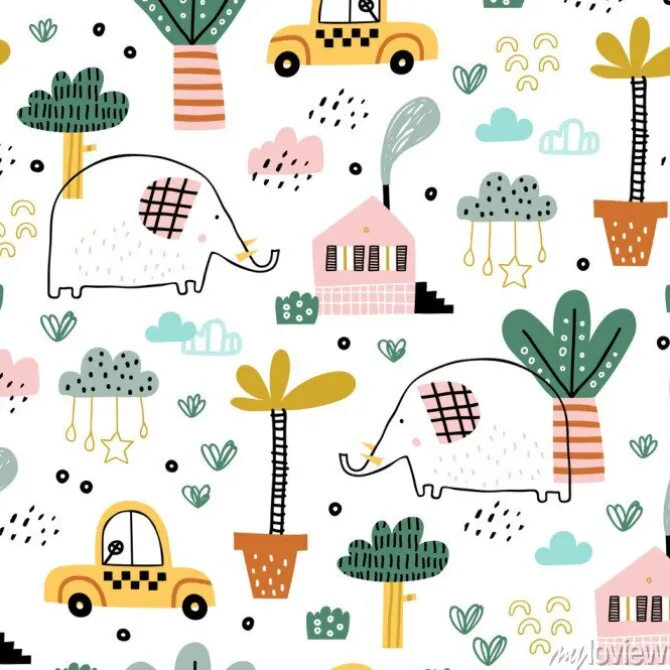 Tapeta: Dziecko bezszwowy wzór z ślicznymi słoniami, samochodami, chmurami