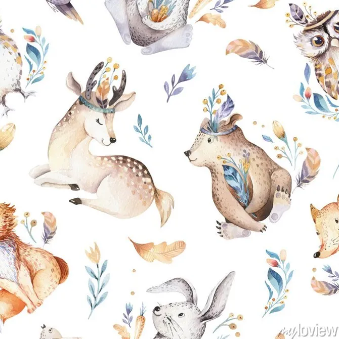 Tapeta: Dziecko zwierzęta przedszkola na białym tle wzór z bannies. akwarela