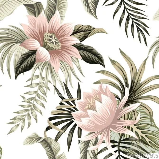 Tapeta: Egzotyczne kwiaty i liście w pastelowych kolorach