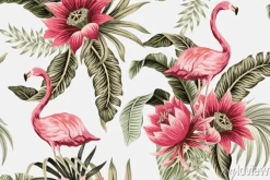 Tapeta: Egzotyczne kwiaty lotosu i hibiskusa z flamingami