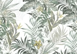 Tapeta: Egzotyczne liście i delikatne kwiaty