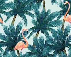 Tapeta: Egzotyczny letni wydruk. bezszwowy wzór z drzewkiem palmowym