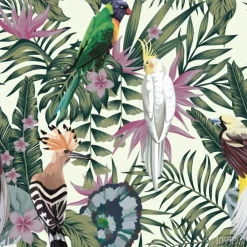 Tapeta: Egzotyczny wzór z tukanami i liśćmi palm