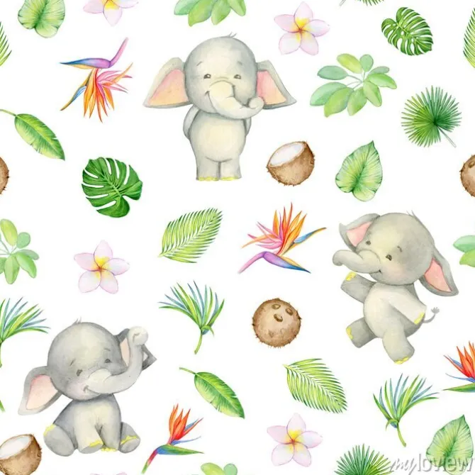 Tapeta: Elephant is cute. seamless pattern. isolated. watercolor.