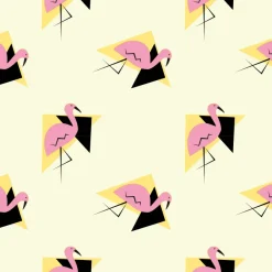 Tapeta: Flamingi i geometryczne kształty na żółtym tle
