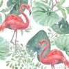 Tapeta: Flamingi wśród egzotycznych liści w stylu akwarelowym