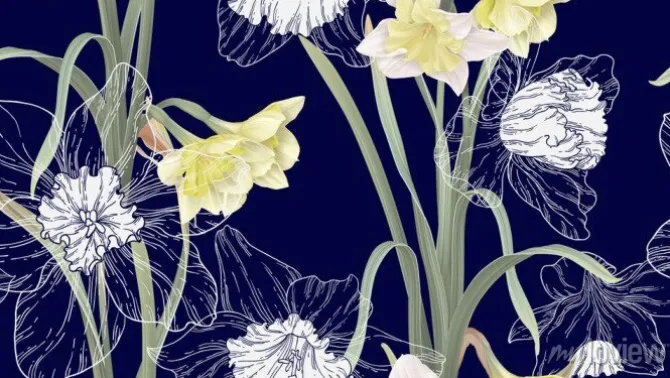 Tapeta: Floral seamless pattern, daffodil flowers with leaves on dark